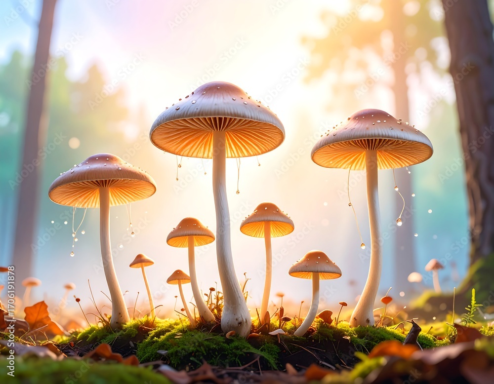 Fototapeta premium Mushrooms in a sunlit forest