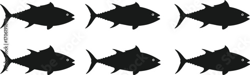 Fish silhouettes, aquatic icons, black fish, marine life, underwater design, sea creatures, graphic pattern, ocean animals, fin shapes, swimming motion