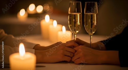 Romantic candlelight dinner for two with champagne glasses and hands holding