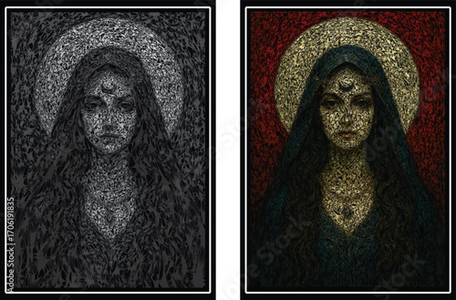 Mystic Celestial Goddess Portrait. Ethereal Divine Feminine Wall Art. Dark Fantasy Abstract Digital Painting for Canvas Print.