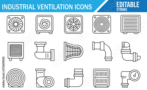 Vector icons of ventilation equipment with pipes and filters line artwork