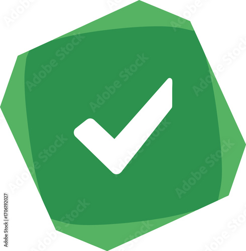 Geometric Shape with White Check Mark on a Green Color, Isolated on White