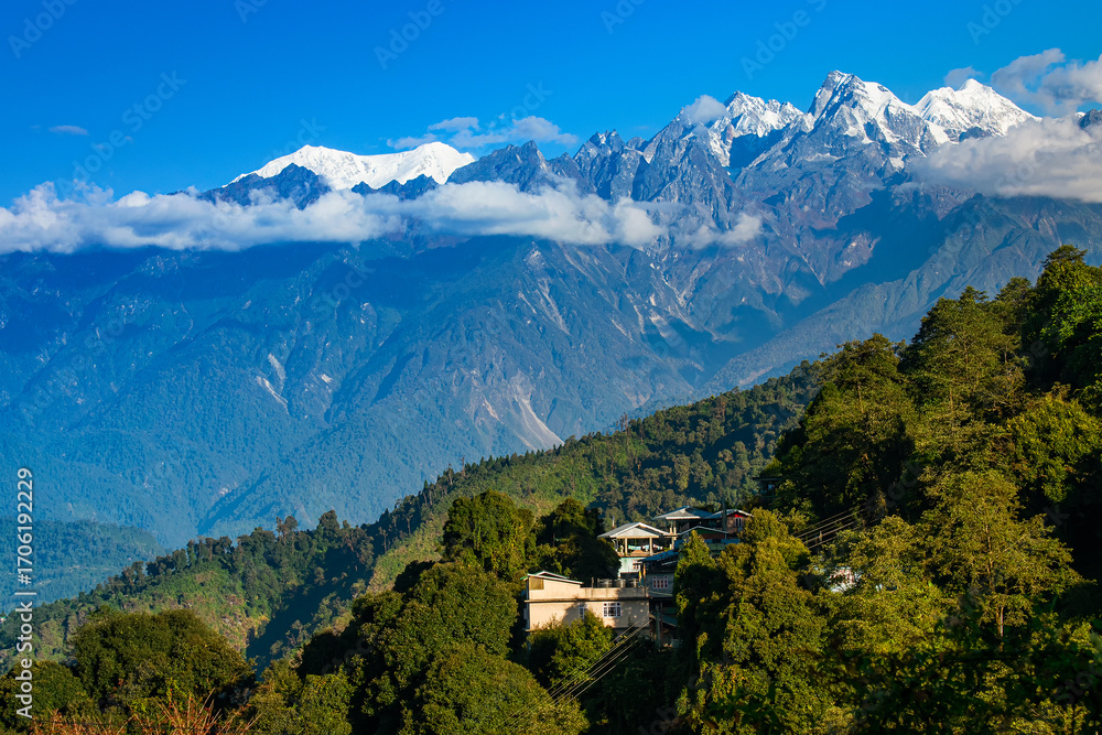 Naklejka premium Beautiful view of Himalayan mountains at Ravangla, Sikkim. Himalaya is the great mountain range in Asia with more than 50 peaks , mostly highest, including mount Everest the highest in the world.