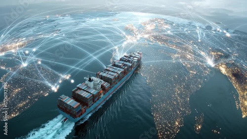 Visualizing digital globalization through interconnected trade routes across major continents and countries using a cargo ship on vast ocean
