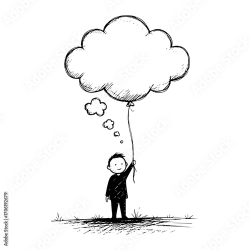 Pencil drawing of a child holding a balloon in the shape of a cloud, symbol of loneliness, psychological help, isolated vector image on a transparent background
