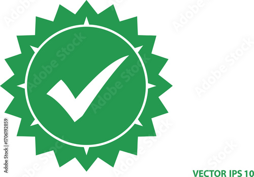 Green Approved Icon with White Check Mark in Starburst Shape Isolated