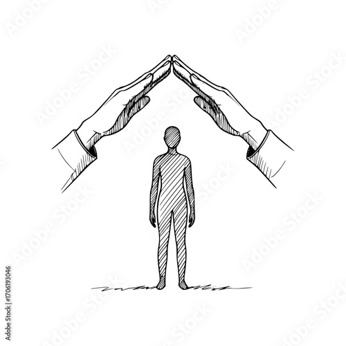 Pencil drawing, sketch of a person with hands folded in a house shape, symbol of psychological help, charity, help, protection, isolated vector image on a transparent background
