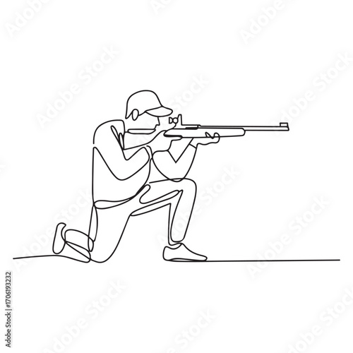 One continuous line Art drawing young man on shooting training ground practice for competition with rifle gun. Outdoor shooting sport concept. with white background