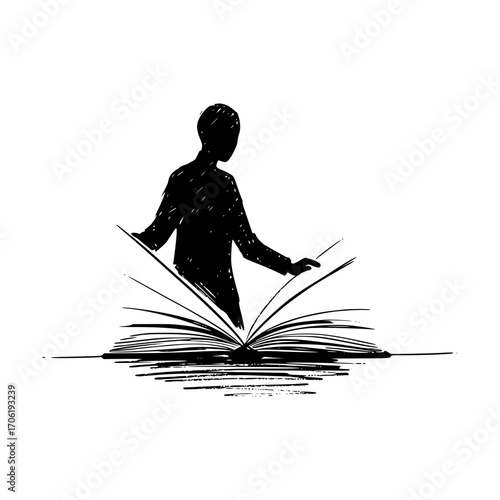 Pencil drawing of a human silhouette over a book, symbolizing psychological analysis, psychologist services, isolated vector image on a transparent background