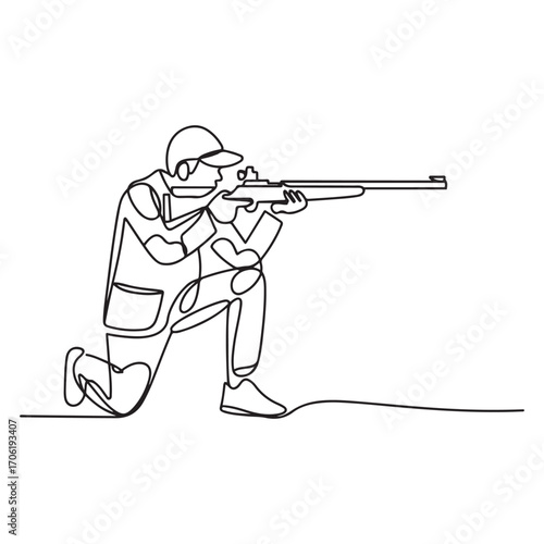 One continuous line Art drawing young man on shooting training ground practice for competition with rifle gun. Outdoor shooting sport concept. with white background