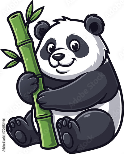 Adorable cartoon panda bear holding bamboo stalk smiling in a cute and playful illustration