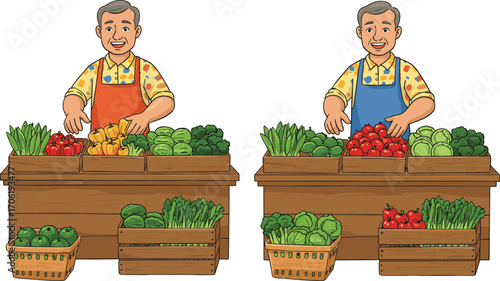 Two Identical Male Vendors at Colorful Vegetable Market Stalls Wearing Aprons and Selling Fresh Organic Produce in Wooden Crates Outdoors