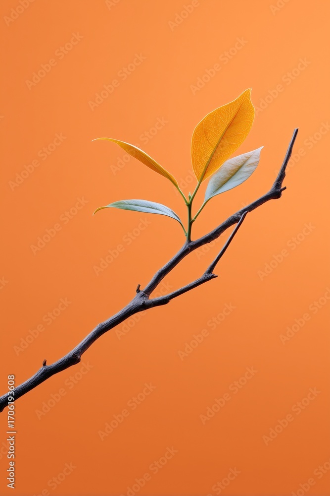 Fototapeta premium A minimalist shot of a single small straight black tree branch with a single vibrant leaf on it against a clean orange background