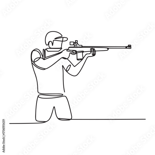 One continuous line Art drawing young man on shooting training ground practice for competition with rifle gun. Outdoor shooting sport concept. with white background