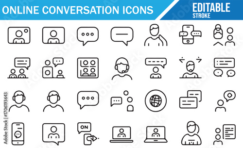 Communication technology icons with online meeting and chat symbols