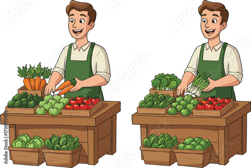 Two Identical Male Vendors Selling Fresh Vegetables at Wooden Market Stalls with Smiling Faces and Colorful Organic Produce Displayed Outdoors