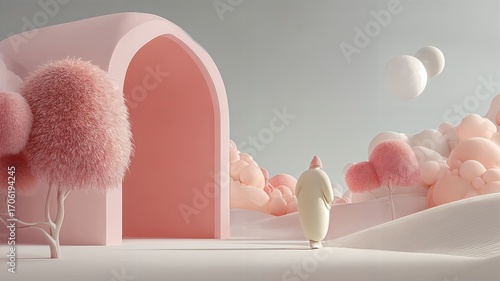 Una figura envuelta en un manto blanco se adentra en un paisaje onírico, marcado por un arco coral y árboles de algodón de azúcar.