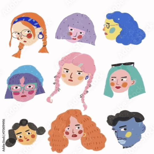set of funny cartoon faces illustration