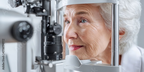 Senior Woman Receiving Eye Exam with Slit Lamp in Ophthalmology Clinic
