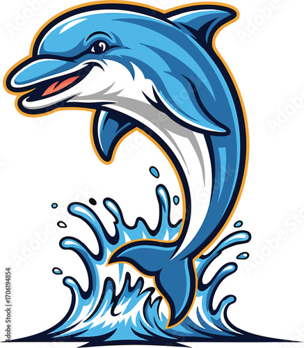 Cartoon illustration of a joyful dolphin leaping out of the ocean water splash