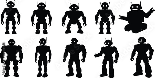 Robot silhouettes collection, futuristic android icons, artificial intelligence vector art, sci-fi mechanical characters, retro robotic designs, technology elements, black modern robotics illustration