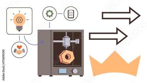 3D printer producing a geometric object. Surrounding icons represent creativity, workflow, design, and teamwork. Arrows and crown suggest achievement. Ideal for innovation, success, teamwork