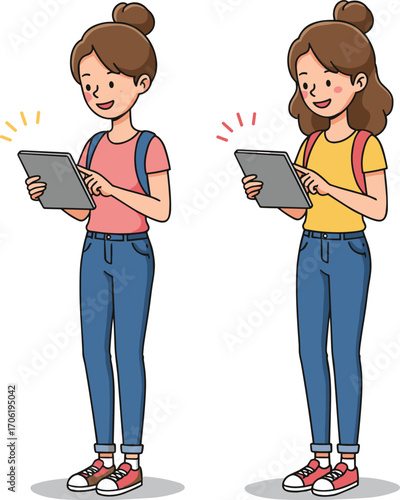 Young person using tablet device, casual outfit with backpack, digital interaction scene, cartoon illustration, technology usage, student lifestyle vector