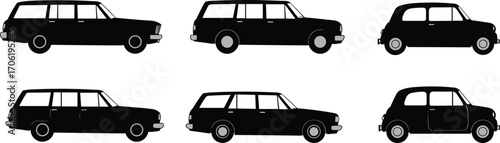 Vintage car silhouettes, retro classic vehicle icons, antique automobile collection, black and white transportation art, nostalgic cars vector, old fashion automotive design elements