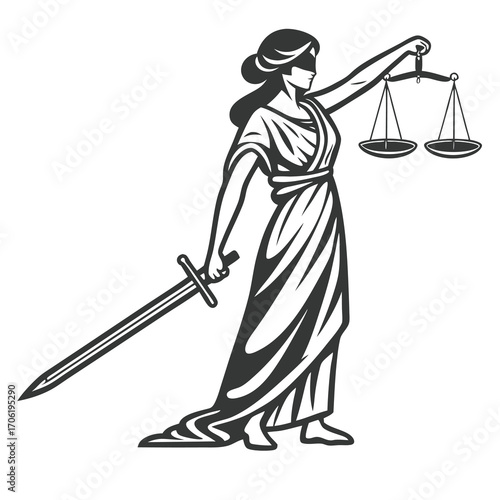 Vector illustration of statue of lady justice holding scales and sword