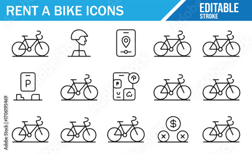 Black and white vector icons of bike rental and urban commute editable stroke