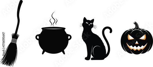 Spooky halloween silhouettes featuring a broom cauldron cat and jack o lantern