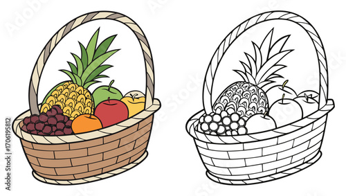 Vector illustration of a colorful basket filled with various fruits, including pineapple, grapes, apples, and oranges, next to its black and white outline version