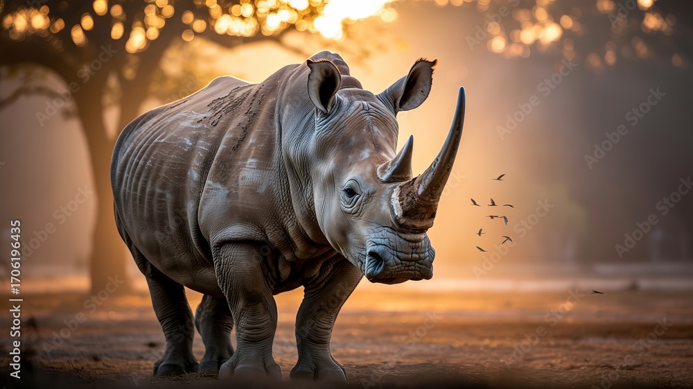 Fototapeta premium Rhino standing strong, symbol of survival on World Rhino Day.