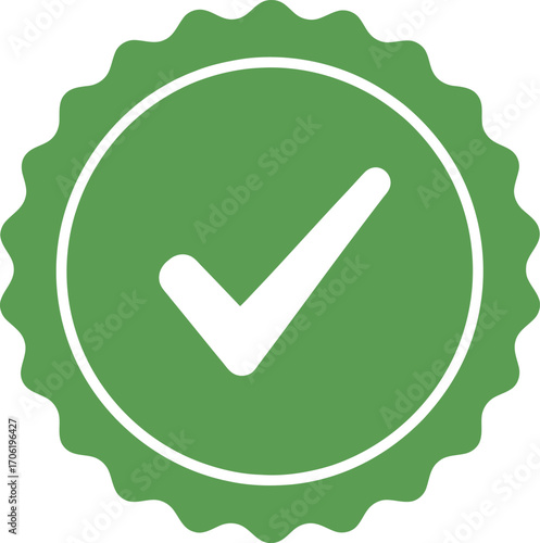 Green rosette with jagged edges showcases a white check mark icon in center