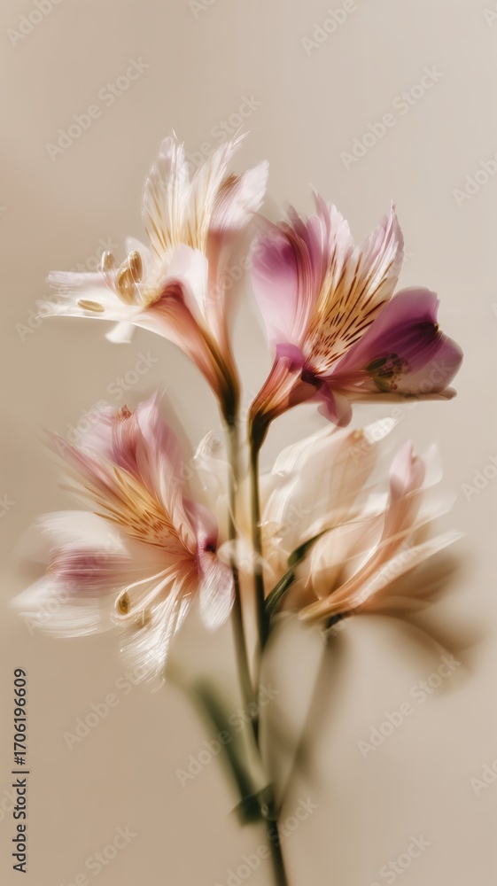 Naklejka premium Close-up de unas flores de alstroemeria con un fondo suave y cremoso.