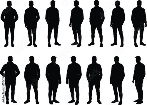 Silhouette male figures standing poses, black vector man icons, casual fashion outfit shapes, modern people outline illustration for graphic design