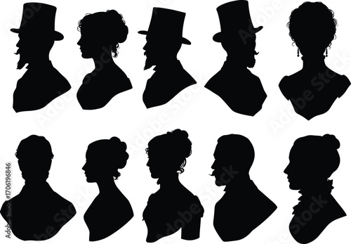 Victorian silhouettes of elegant men and women, vintage cameo profiles, historical fashion art, antique portrait style, classic retro design elements, black
