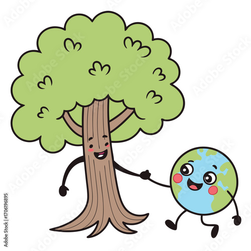 Vector illustration of a cartoon tree with a cute owl sitting next to it