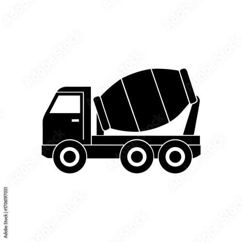 Black concrete mixer truck on transparent background silhouette