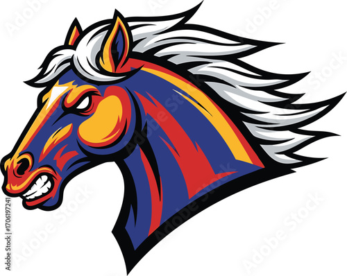 Fierce and colorful horse head logo illustration designed for sports team or brand mascot