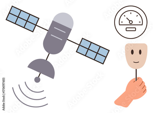 Orbiting satellite emitting signals, hand holding smiling mask, and speedometer dial. Ideal for technology, communication, connection, emotion, evaluation data broadcasting themes. Simple flat