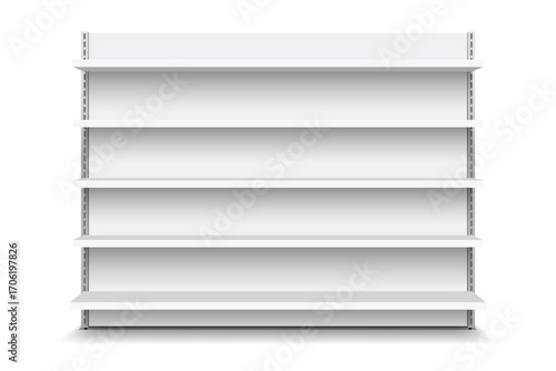 White empty store shelf rack mockup front. front view Product shelves counter design