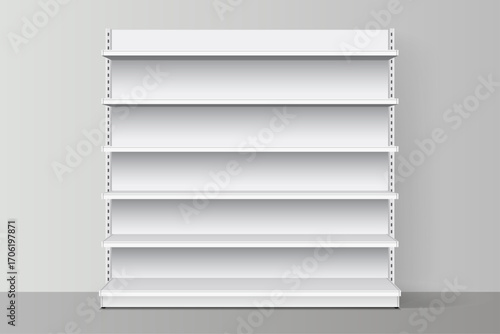 White empty store shelves. Retail shelf rack. Showcase display. Vector illustration. Realistic 3d vector illustration.