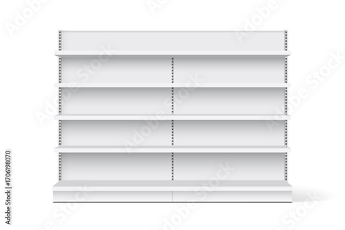 White empty store shelf rack mockup front. front view Product shelves counter design