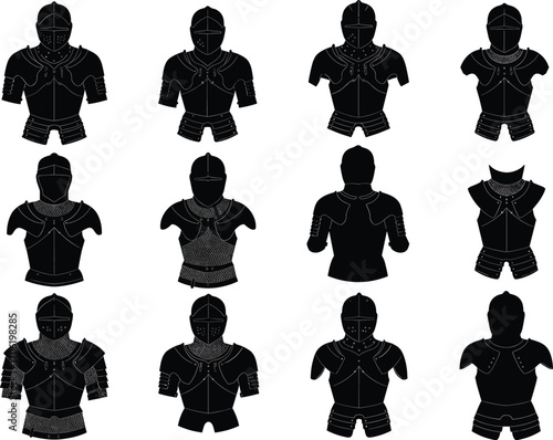 Medieval knight armor vector silhouettes, black warrior armor icons, historical battle suit design, ancient soldier equipment, fantasy RPG character costume elements