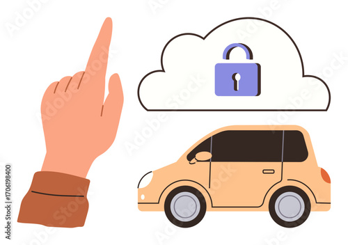 Hand gestures toward cloud with lock icon above a car, implying secure digital access and storage. Ideal for cloud computing, automotive software, cybersecurity, data privacy, smart vehicles, IoT