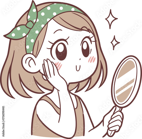 A young girl with big expressive eyes, light makeup, and soft facial features. She is holding a small round mirror in one hand 
| 肌荒れに悩んでいる女性
