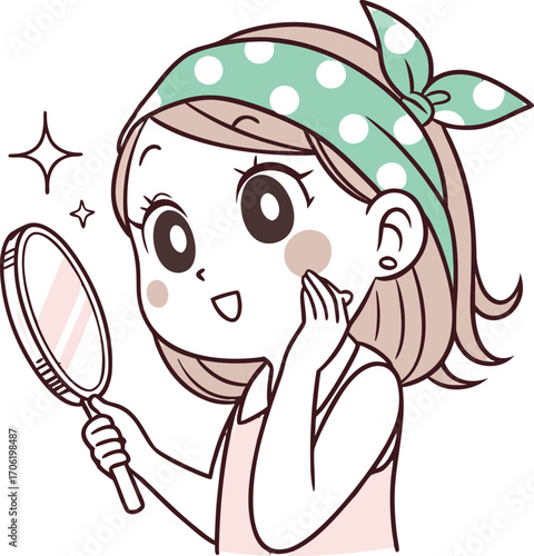 A young girl with big expressive eyes, light makeup, and soft facial features. She is holding a small round mirror in one hand 
| 肌荒れに悩んでいる女性