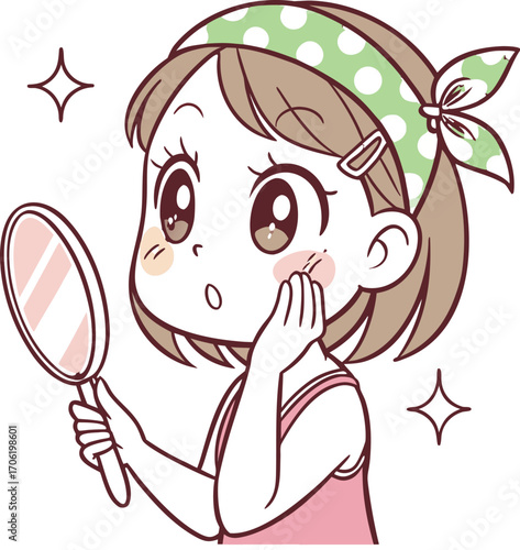 A young girl with big expressive eyes, light makeup, and soft facial features. She is holding a small round mirror in one hand 
| 肌荒れに悩んでいる女性
