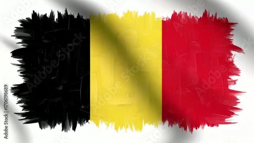 Video of an abstract artistic depiction of the Belgium flag, with black, yellow, and red vertical stripes created in bold textured brush strokes. Modern painterly effect with vibrant contrasts.